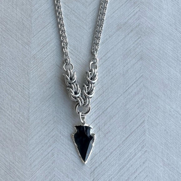 Handmade maille choker necklace black obsidian arrow charm boho goth gemstones - Picture 9 of 13